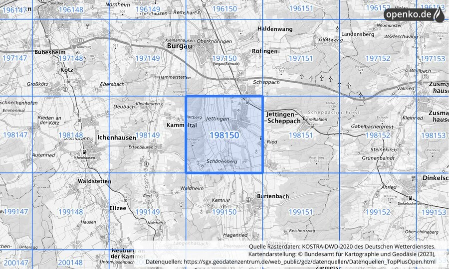 Übersichtskarte des KOSTRA-DWD-2020-Rasterfeldes Nr. 198150