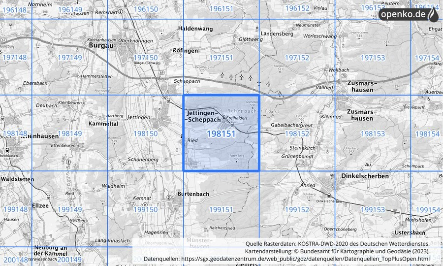 Übersichtskarte des KOSTRA-DWD-2020-Rasterfeldes Nr. 198151