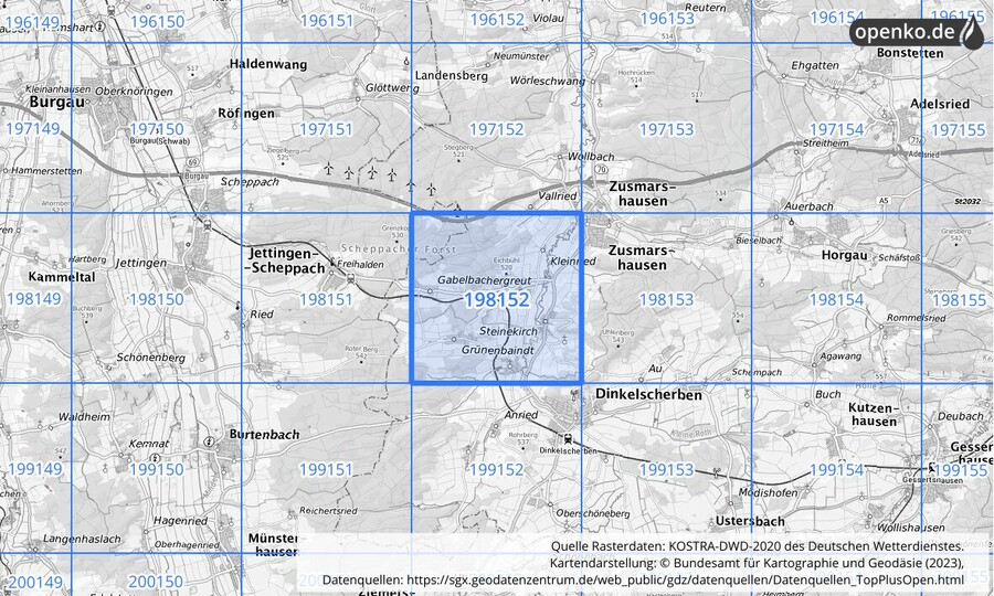 Übersichtskarte des KOSTRA-DWD-2020-Rasterfeldes Nr. 198152