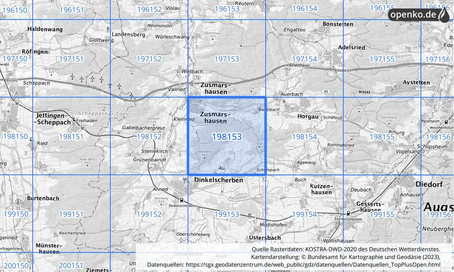 Übersichtskarte des KOSTRA-DWD-2020-Rasterfeldes Nr. 198153