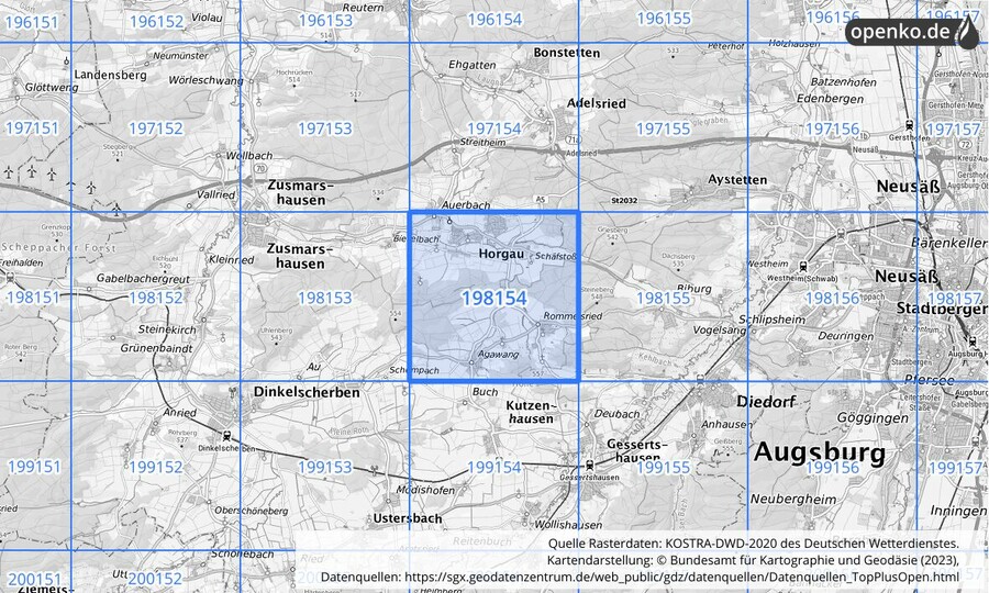 Übersichtskarte des KOSTRA-DWD-2020-Rasterfeldes Nr. 198154