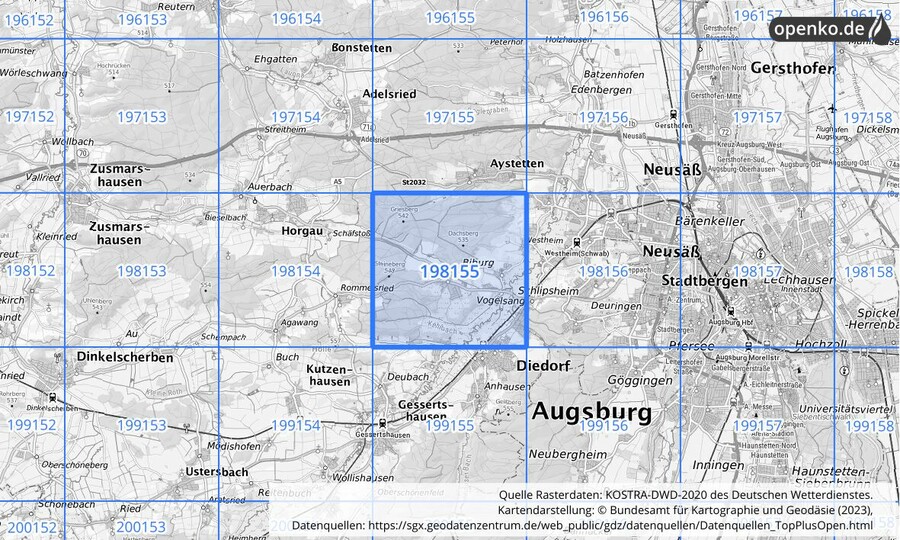 Übersichtskarte des KOSTRA-DWD-2020-Rasterfeldes Nr. 198155