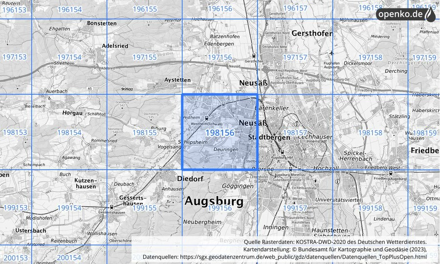 Übersichtskarte des KOSTRA-DWD-2020-Rasterfeldes Nr. 198156