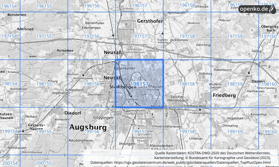 Übersichtskarte des KOSTRA-DWD-2020-Rasterfeldes Nr. 198157