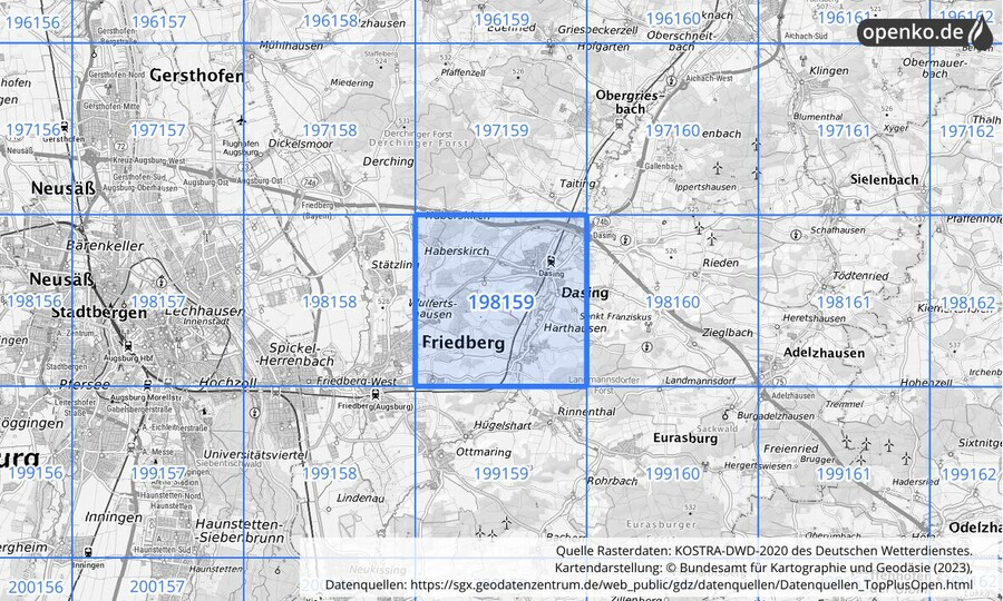 Übersichtskarte des KOSTRA-DWD-2020-Rasterfeldes Nr. 198159