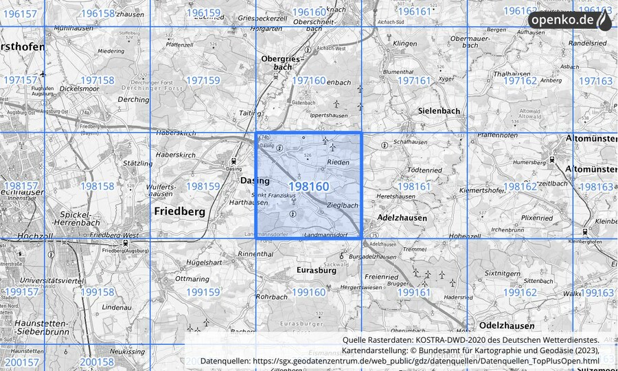 Übersichtskarte des KOSTRA-DWD-2020-Rasterfeldes Nr. 198160