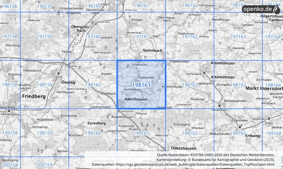 Übersichtskarte des KOSTRA-DWD-2020-Rasterfeldes Nr. 198161