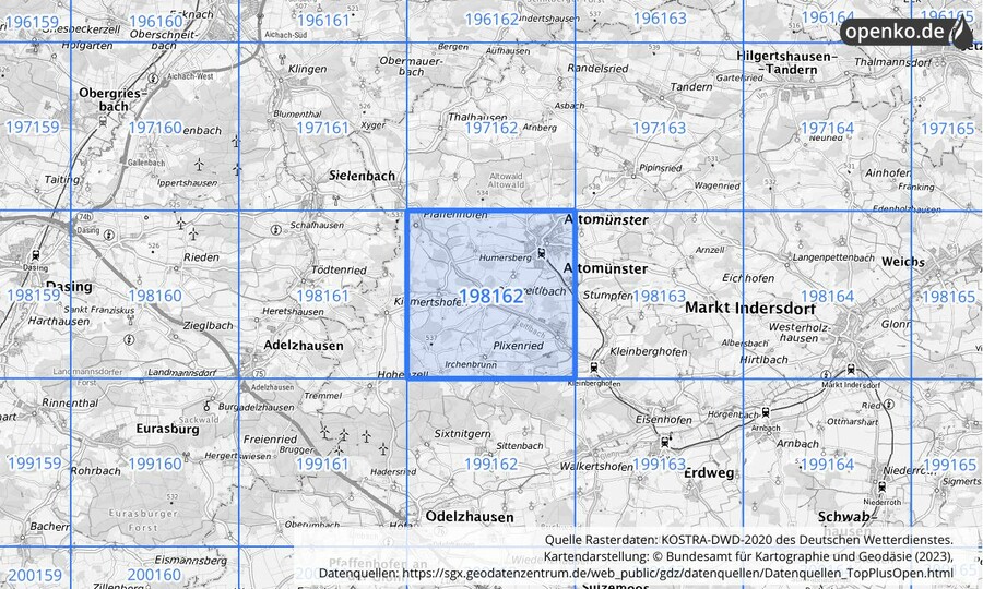 Übersichtskarte des KOSTRA-DWD-2020-Rasterfeldes Nr. 198162