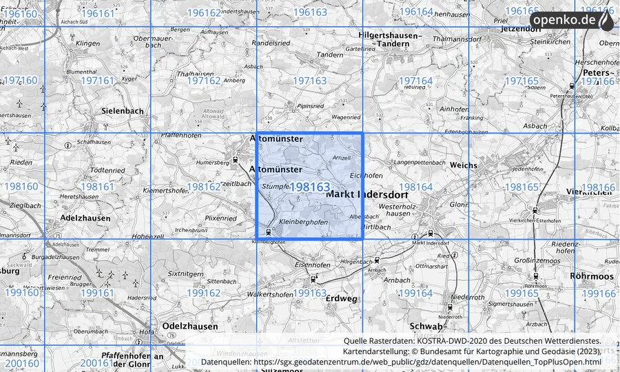 Übersichtskarte des KOSTRA-DWD-2020-Rasterfeldes Nr. 198163
