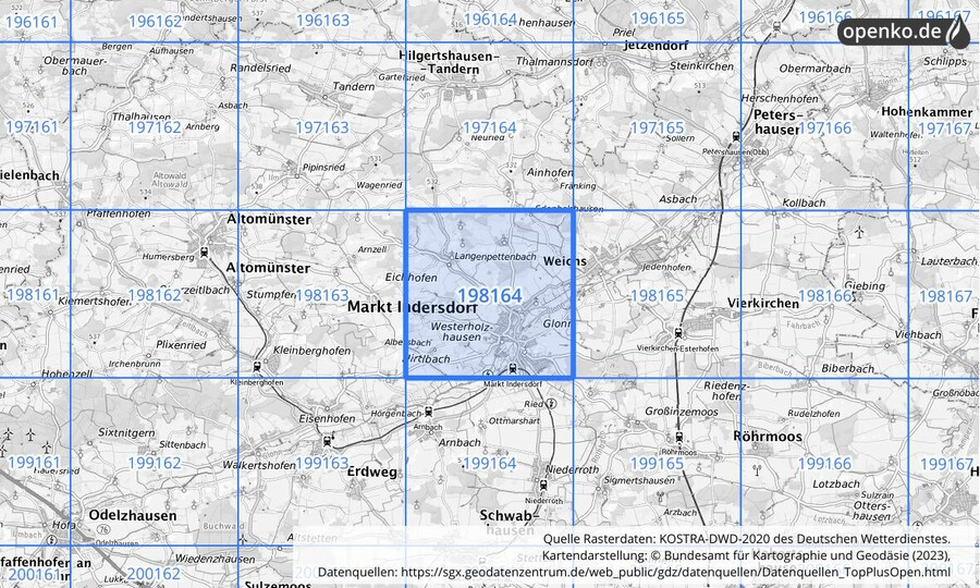 Übersichtskarte des KOSTRA-DWD-2020-Rasterfeldes Nr. 198164