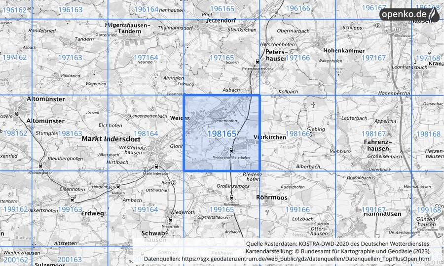 Übersichtskarte des KOSTRA-DWD-2020-Rasterfeldes Nr. 198165