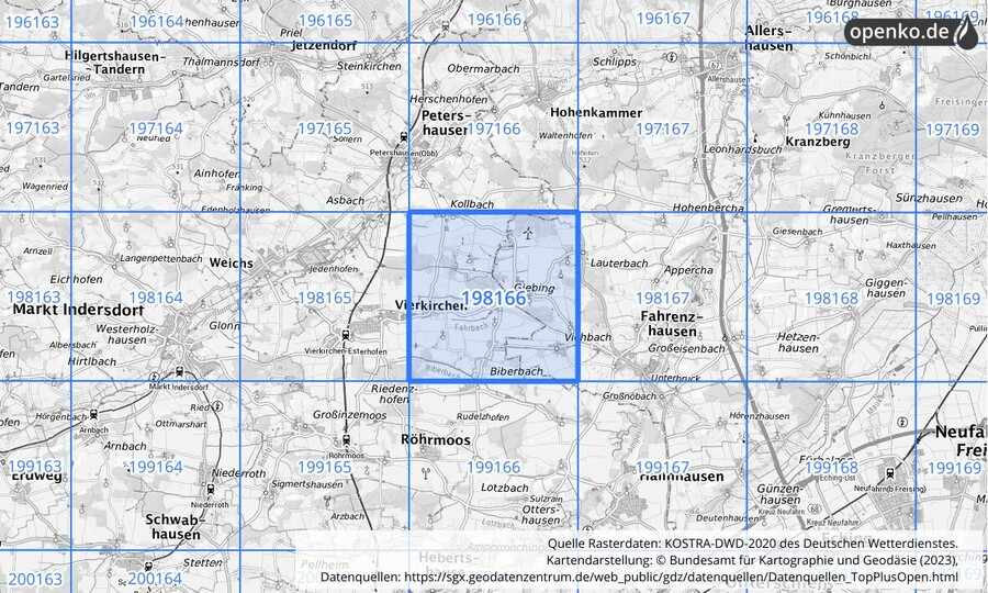 Übersichtskarte des KOSTRA-DWD-2020-Rasterfeldes Nr. 198166