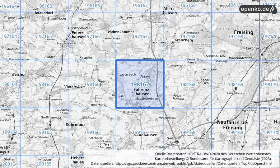 Übersichtskarte des KOSTRA-DWD-2020-Rasterfeldes Nr. 198167