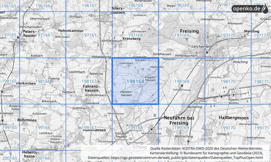 Übersichtskarte des KOSTRA-DWD-2020-Rasterfeldes Nr. 198168