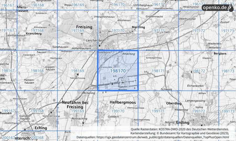 Übersichtskarte des KOSTRA-DWD-2020-Rasterfeldes Nr. 198170