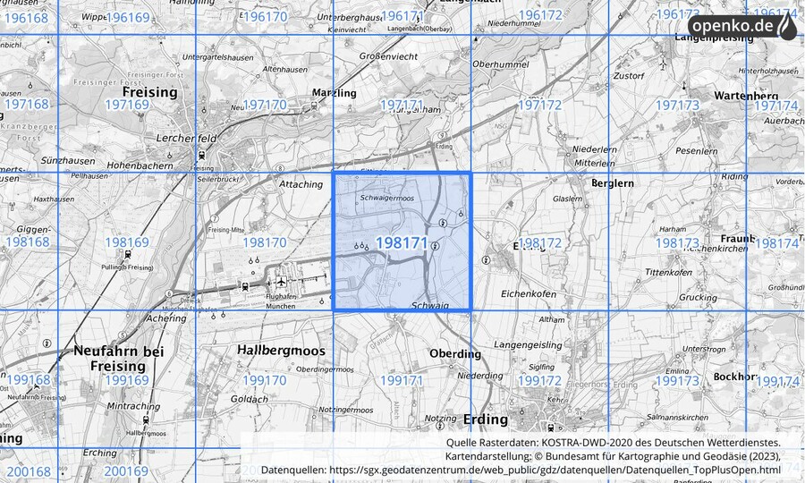 Übersichtskarte des KOSTRA-DWD-2020-Rasterfeldes Nr. 198171