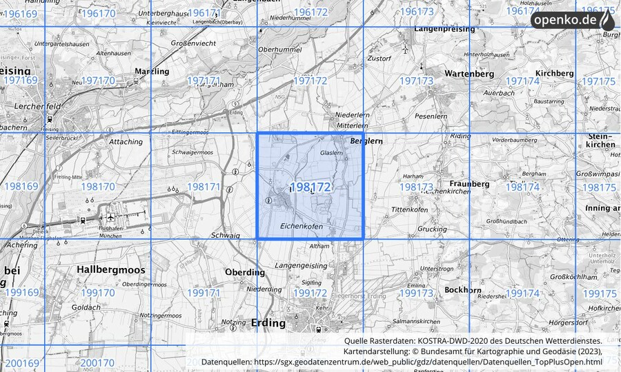 Übersichtskarte des KOSTRA-DWD-2020-Rasterfeldes Nr. 198172