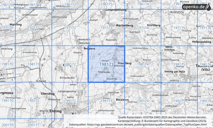 Übersichtskarte des KOSTRA-DWD-2020-Rasterfeldes Nr. 198173