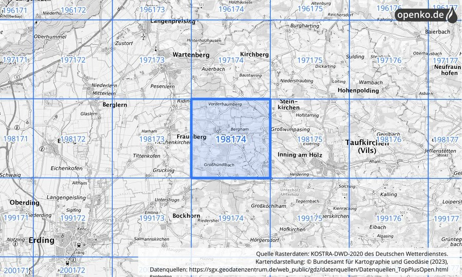 Übersichtskarte des KOSTRA-DWD-2020-Rasterfeldes Nr. 198174