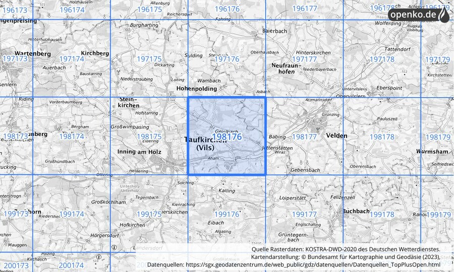 Übersichtskarte des KOSTRA-DWD-2020-Rasterfeldes Nr. 198176