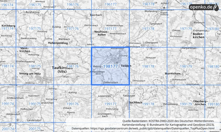 Übersichtskarte des KOSTRA-DWD-2020-Rasterfeldes Nr. 198177