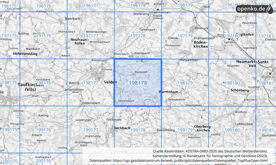 Übersichtskarte des KOSTRA-DWD-2020-Rasterfeldes Nr. 198178