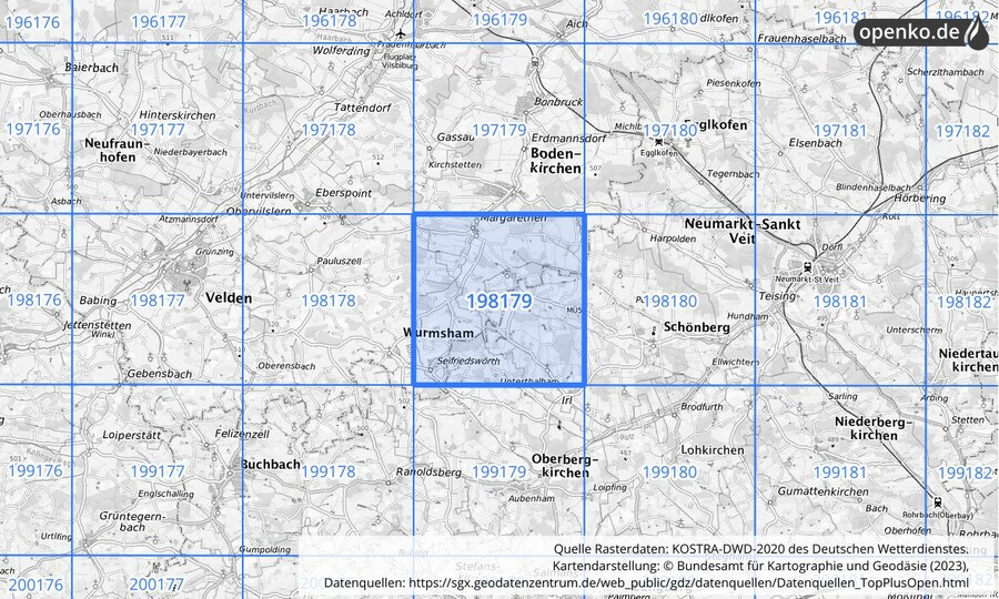 Übersichtskarte des KOSTRA-DWD-2020-Rasterfeldes Nr. 198179