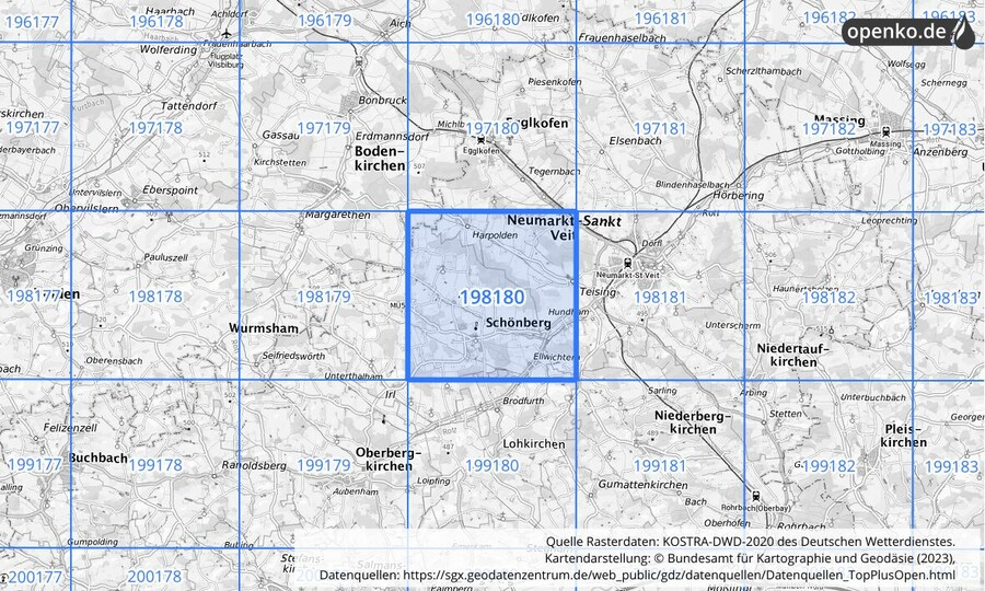 Übersichtskarte des KOSTRA-DWD-2020-Rasterfeldes Nr. 198180