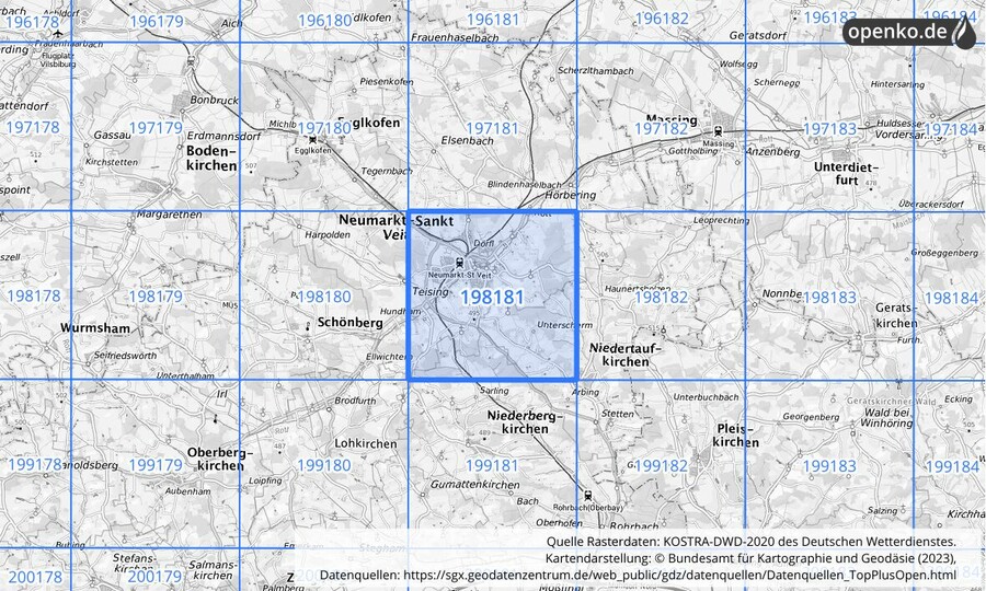 Übersichtskarte des KOSTRA-DWD-2020-Rasterfeldes Nr. 198181