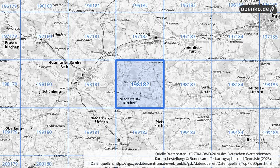 Übersichtskarte des KOSTRA-DWD-2020-Rasterfeldes Nr. 198182