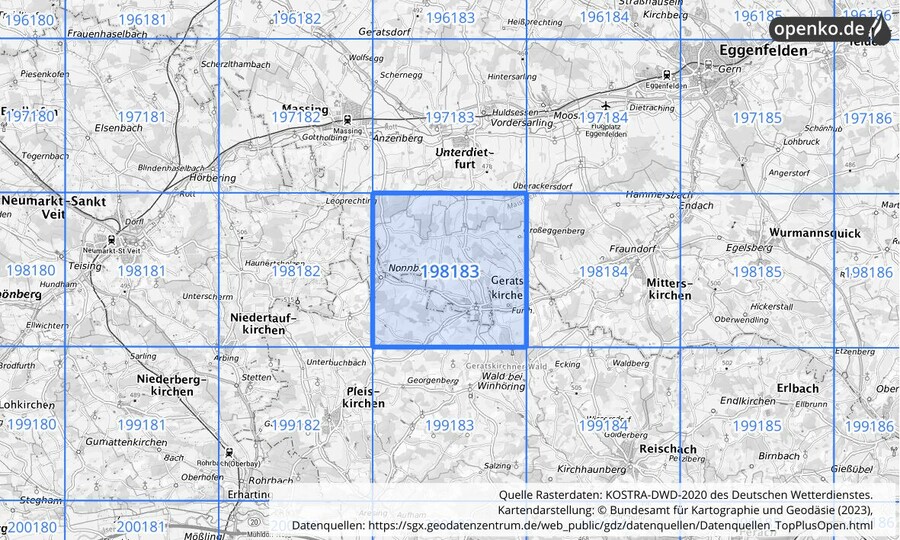 Übersichtskarte des KOSTRA-DWD-2020-Rasterfeldes Nr. 198183