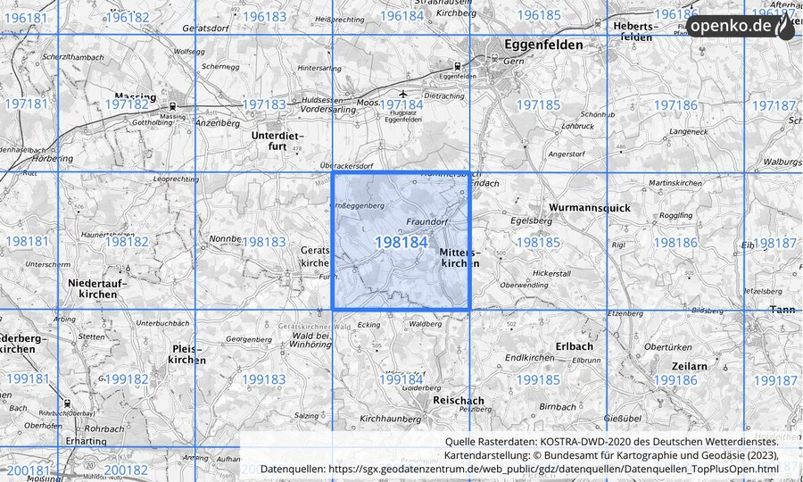Übersichtskarte des KOSTRA-DWD-2020-Rasterfeldes Nr. 198184