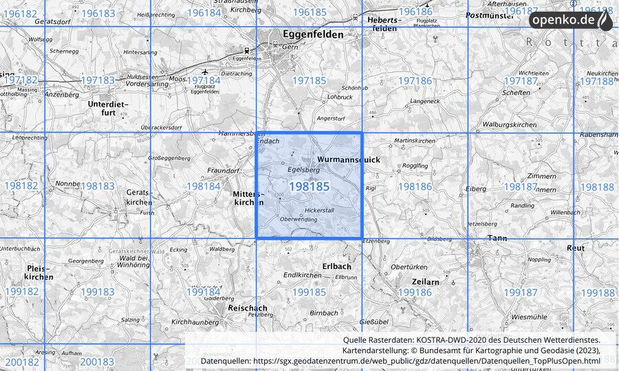 Übersichtskarte des KOSTRA-DWD-2020-Rasterfeldes Nr. 198185