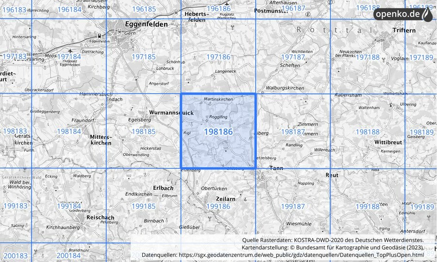 Übersichtskarte des KOSTRA-DWD-2020-Rasterfeldes Nr. 198186