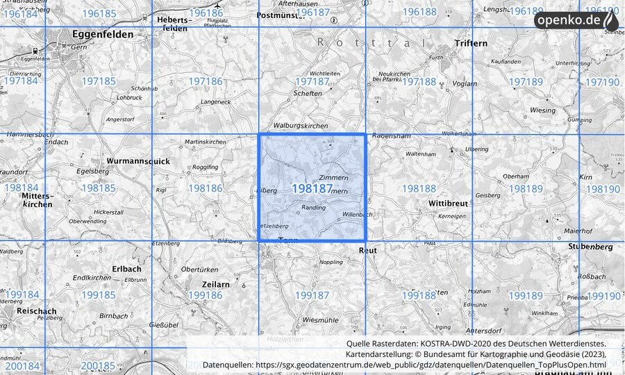 Übersichtskarte des KOSTRA-DWD-2020-Rasterfeldes Nr. 198187