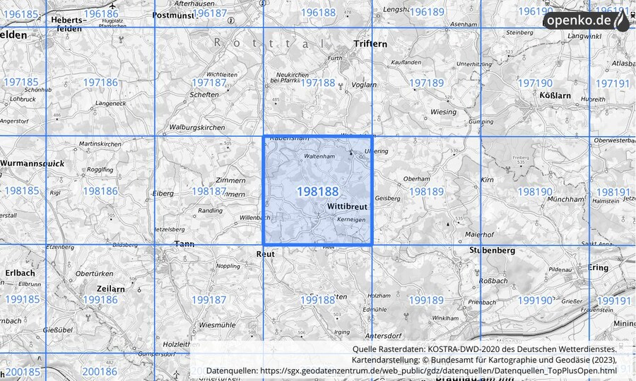 Übersichtskarte des KOSTRA-DWD-2020-Rasterfeldes Nr. 198188