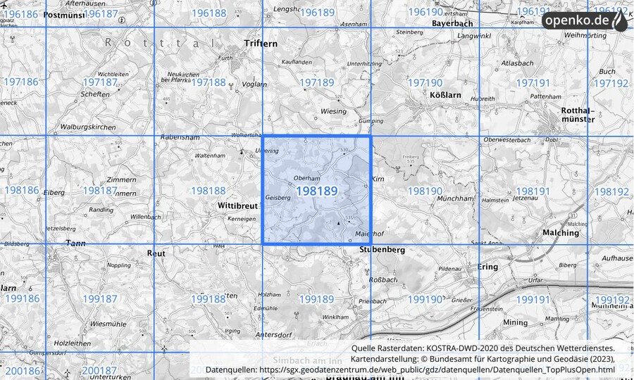 Übersichtskarte des KOSTRA-DWD-2020-Rasterfeldes Nr. 198189