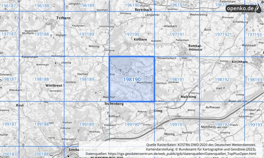 Übersichtskarte des KOSTRA-DWD-2020-Rasterfeldes Nr. 198190