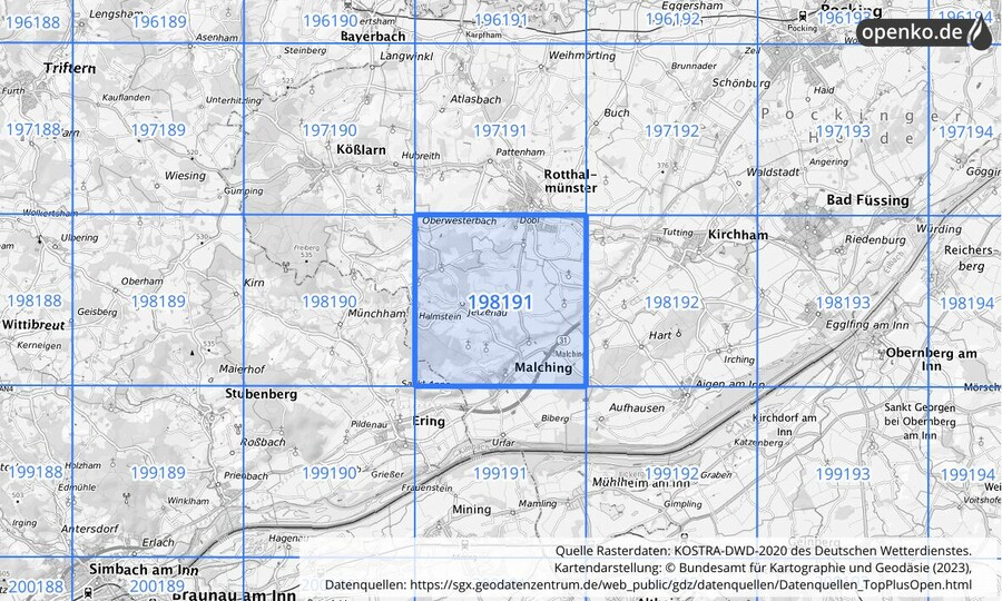Übersichtskarte des KOSTRA-DWD-2020-Rasterfeldes Nr. 198191