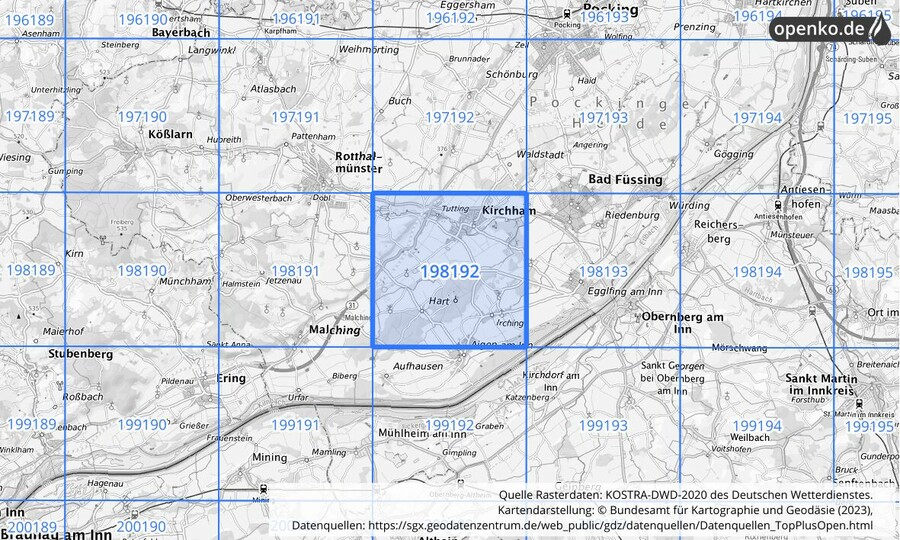 Übersichtskarte des KOSTRA-DWD-2020-Rasterfeldes Nr. 198192