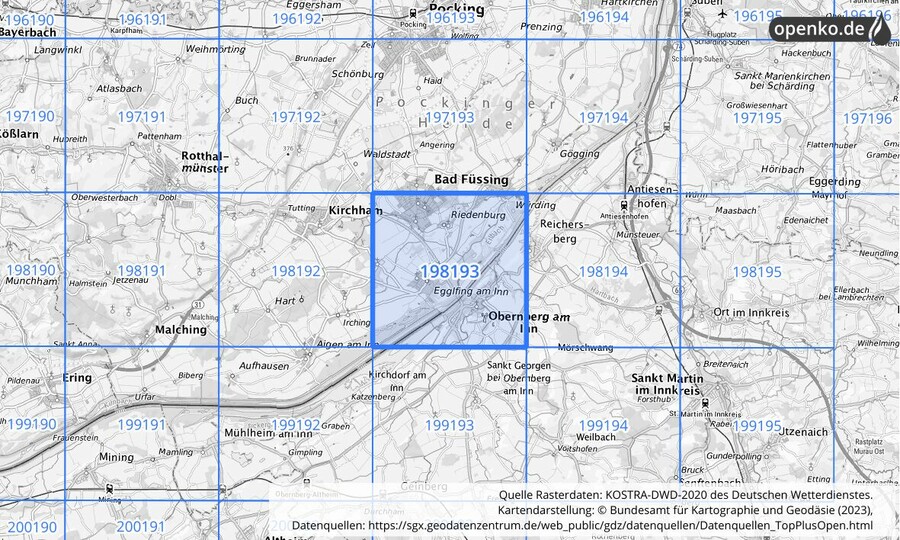 Übersichtskarte des KOSTRA-DWD-2020-Rasterfeldes Nr. 198193