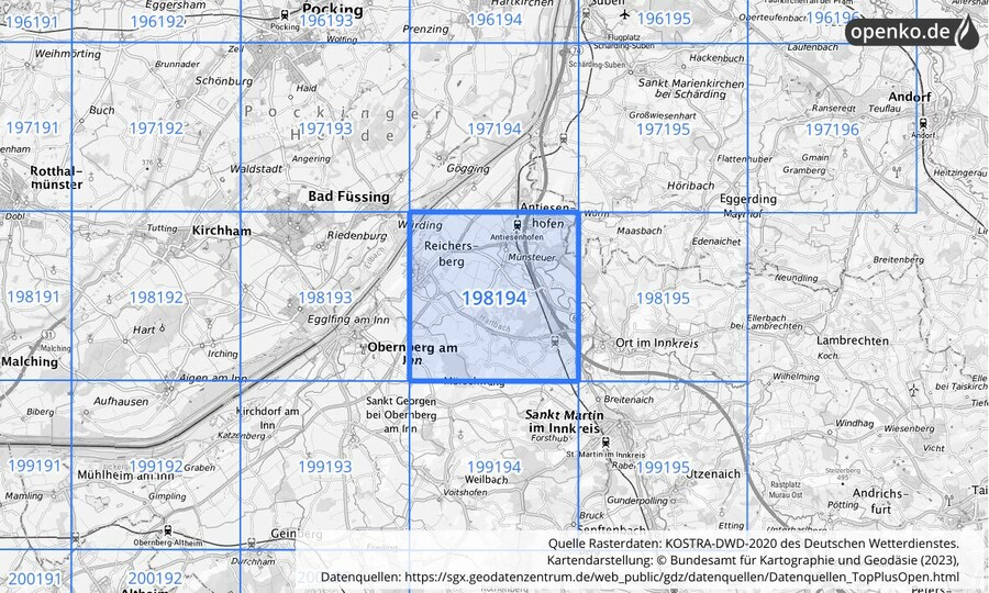 Übersichtskarte des KOSTRA-DWD-2020-Rasterfeldes Nr. 198194