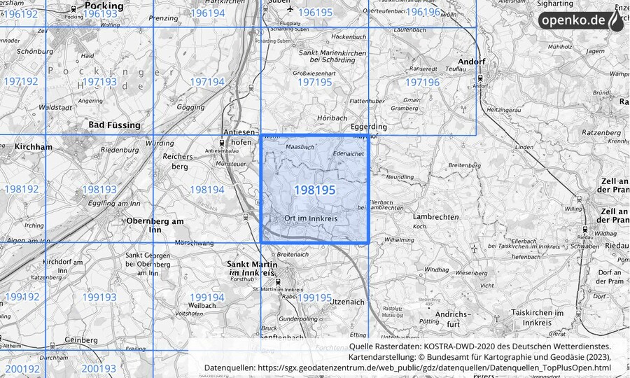 Übersichtskarte des KOSTRA-DWD-2020-Rasterfeldes Nr. 198195