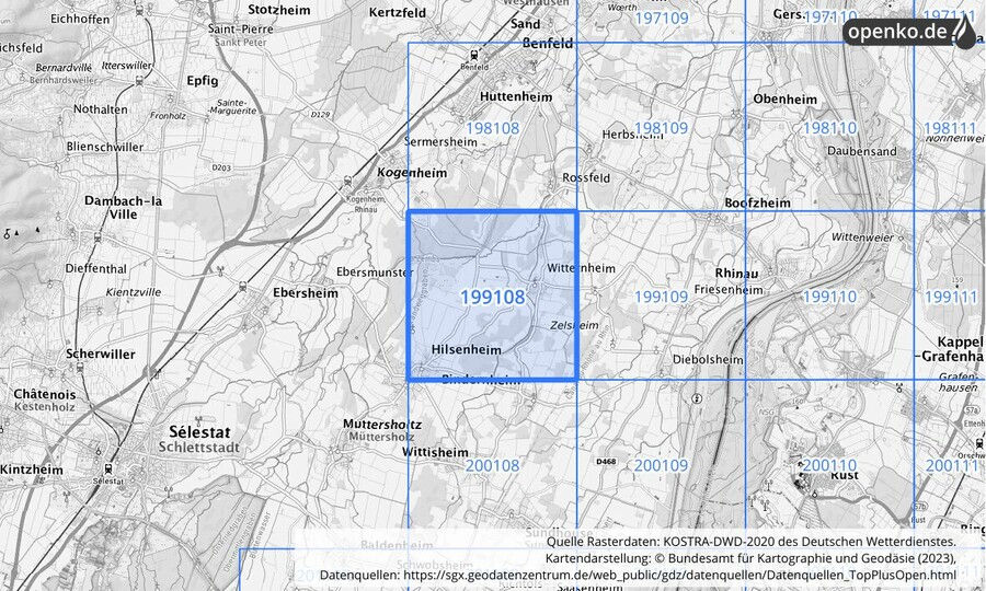 Übersichtskarte des KOSTRA-DWD-2020-Rasterfeldes Nr. 199108