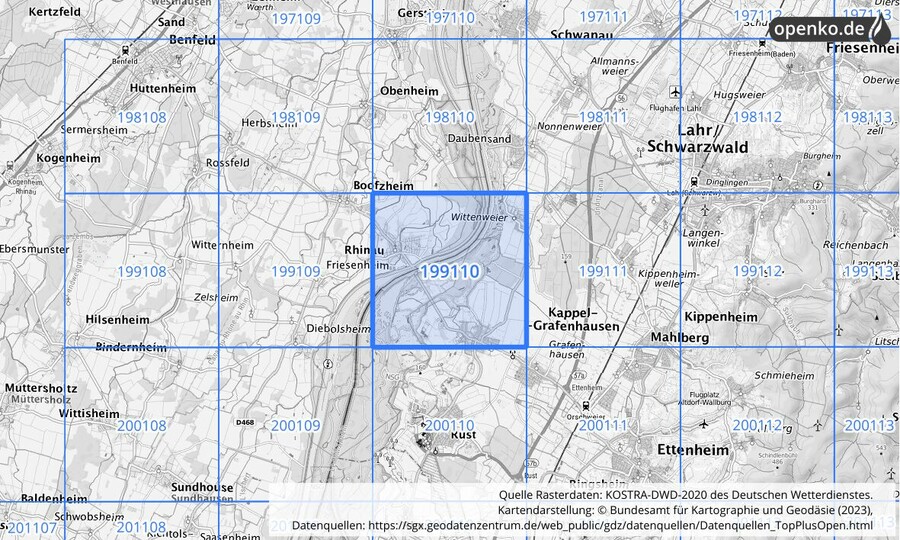 Übersichtskarte des KOSTRA-DWD-2020-Rasterfeldes Nr. 199110