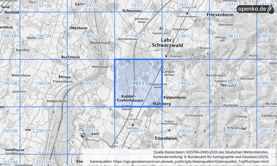 Übersichtskarte des KOSTRA-DWD-2020-Rasterfeldes Nr. 199111