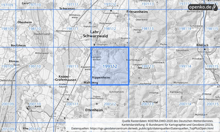 Übersichtskarte des KOSTRA-DWD-2020-Rasterfeldes Nr. 199112