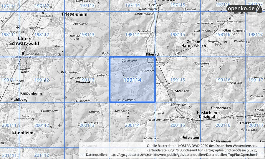 Übersichtskarte des KOSTRA-DWD-2020-Rasterfeldes Nr. 199114