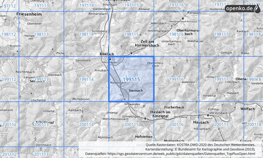 Übersichtskarte des KOSTRA-DWD-2020-Rasterfeldes Nr. 199115