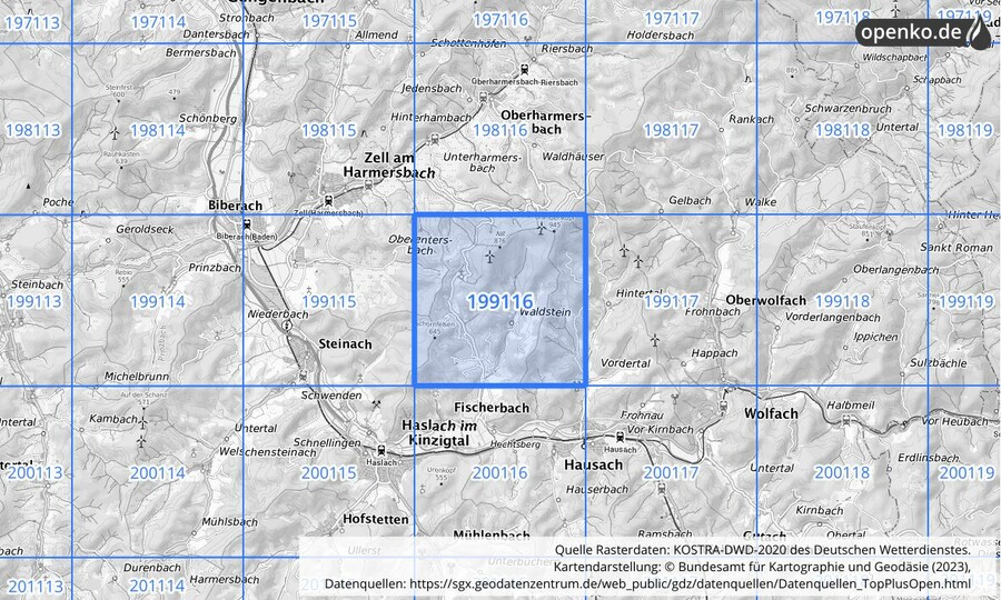 Übersichtskarte des KOSTRA-DWD-2020-Rasterfeldes Nr. 199116